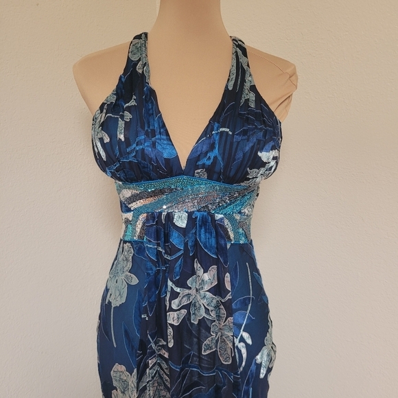 Nina Austin Elegant Blue Silk BeadedFloral Evening Dress - Picture 3 of 8
